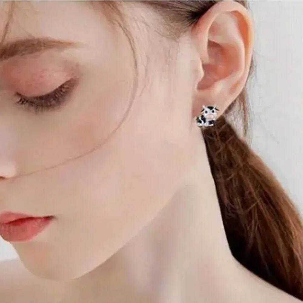 Super Cute Black and White Cow Stud Earrings